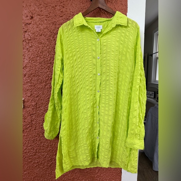 Sigrid Olsen Lime Green 100% Cotton Roll Tab Button Up Cover Up Tunic Size M - Picture 1 of 5